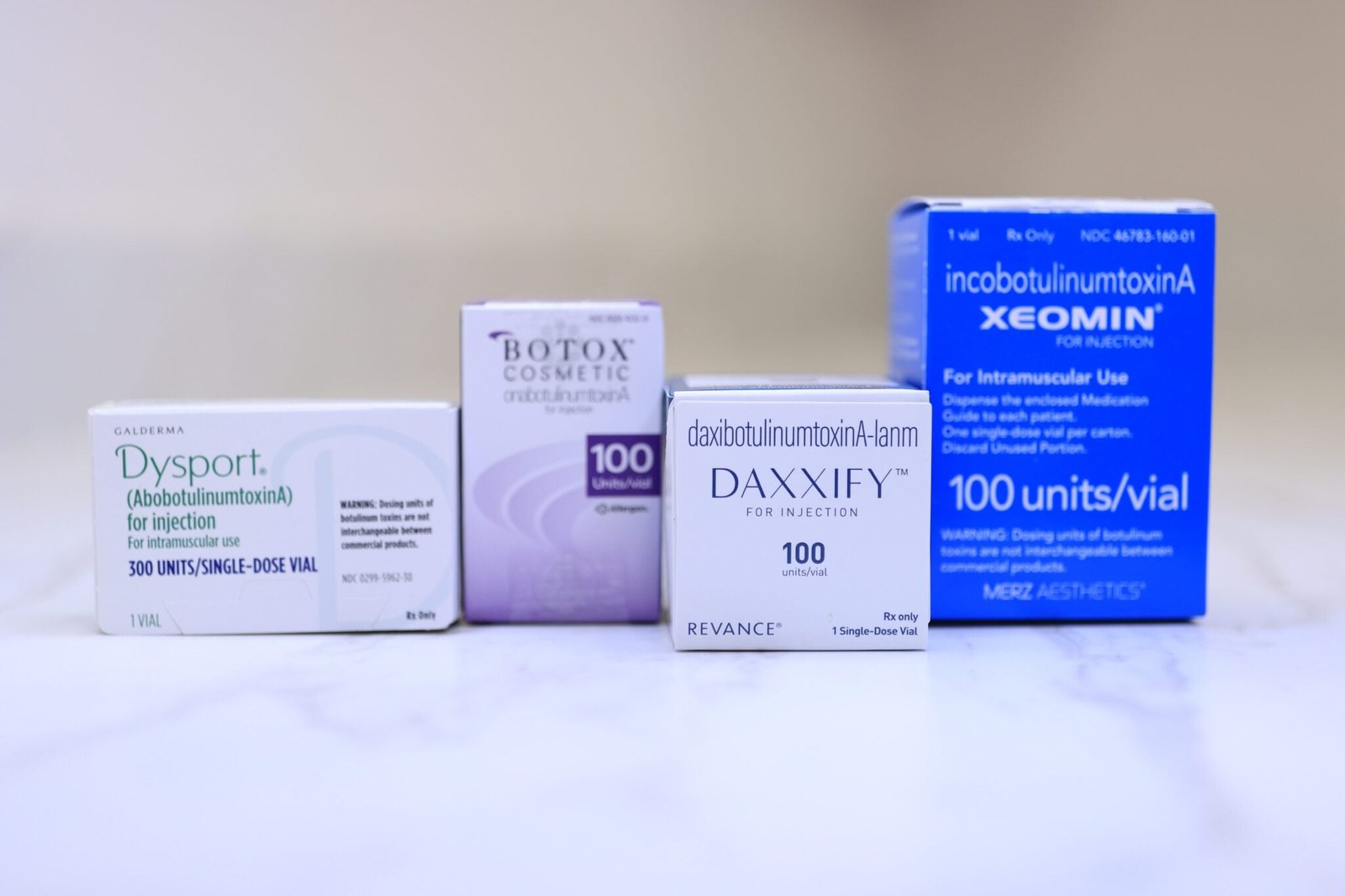 Botox, Dysport, Daxxify and Xeomin injectable boxes